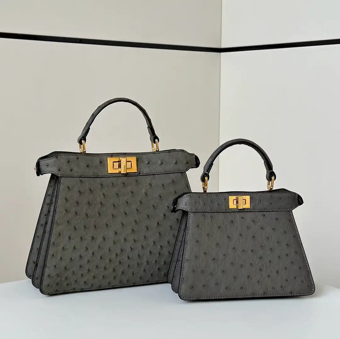 Fendi 8BN327 Peekaboo ISeeU Small Gray Ostrich leather bag
