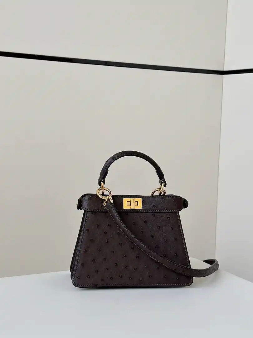 Fendi 8BN335A7SKF199A Peekaboo ISeeU Petite Dark Brown ostrich leather bag
