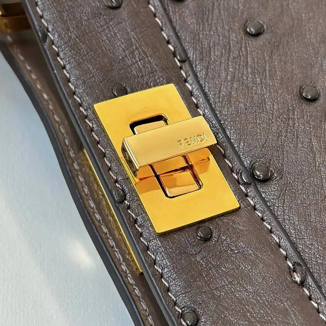 Fendi 8BN335A7SKF199A Peekaboo ISeeU Petite Dark Brown ostrich leather bag