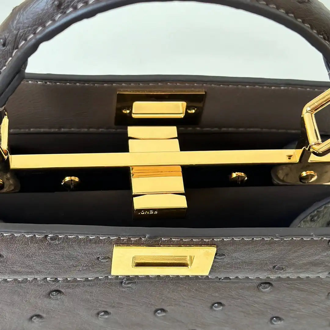 Fendi 8BN335A7SKF199A Peekaboo ISeeU Petite Dark Brown ostrich leather bag