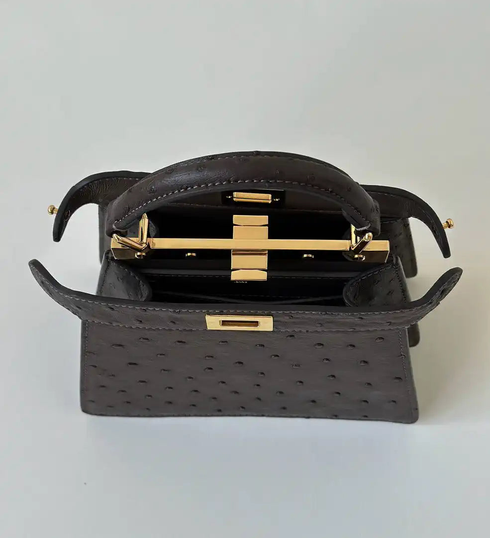 Fendi 8BN335A7SKF199A Peekaboo ISeeU Petite Dark Brown ostrich leather bag
