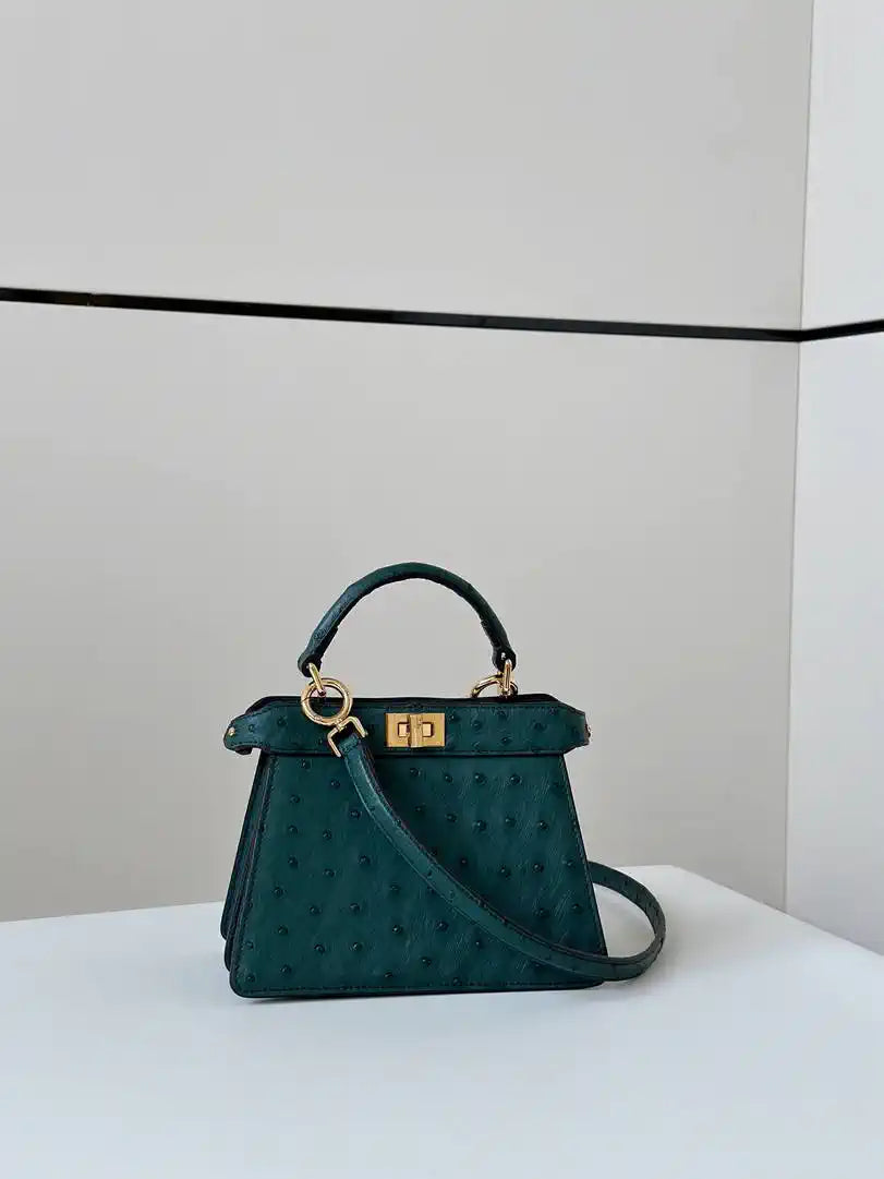 Fendi 8BN335A7SKF199A Peekaboo ISeeU Petite Green ostrich leather bag