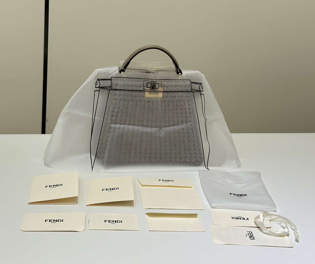 Fendi 8BN335ARBCF0E65 Peekaboo ISeeU Petite Dove grey leather and interlaced fibre bag 80169s