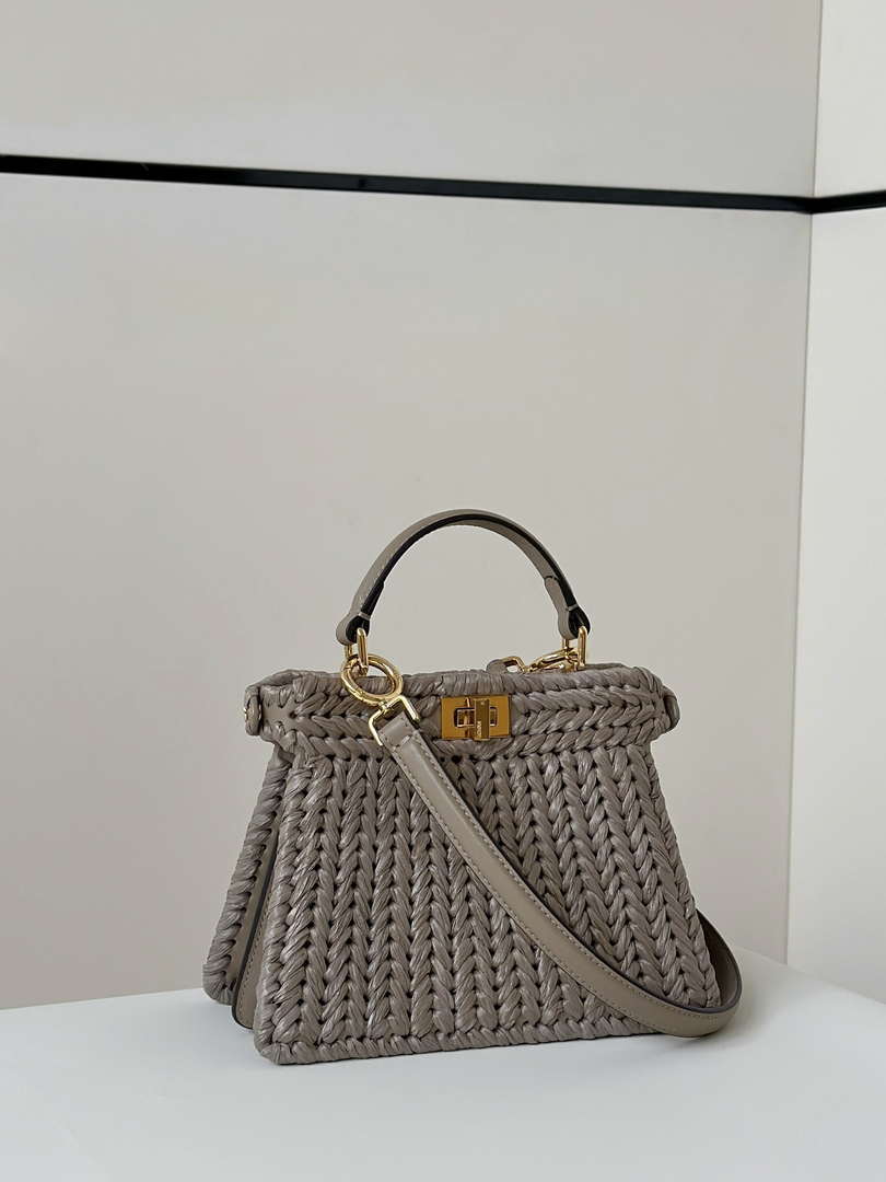 Fendi 8BN335ARBCF0E65 Peekaboo ISeeU Petite Dove grey leather and interlaced fibre bag 80169s