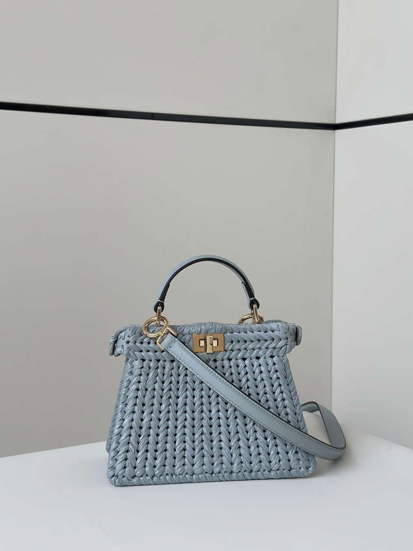 Fendi 8BN335ARBCF0E65 Peekaboo ISeeU Petite Light Blue leather and interlaced fibre bag 80169s
