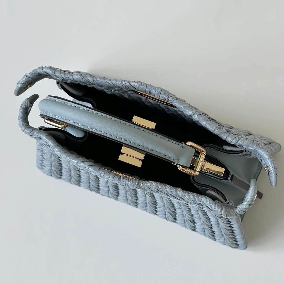Fendi 8BN335ARBCF0E65 Peekaboo ISeeU Petite Light Blue leather and interlaced fibre bag 80169s