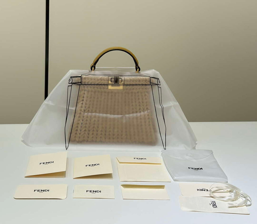 Fendi 8BN335ARBCF0E65 Peekaboo ISeeU Petite Sand leather and interlaced fibre bag 80169s