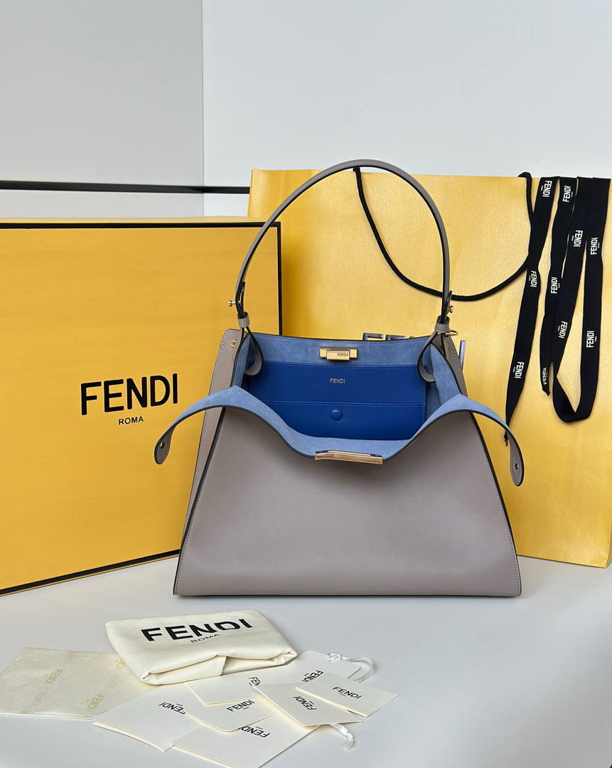 Fendi 8BN368AWPFF1V0H Fendi Way Medium Dove gray leather and neon blue suede bag
