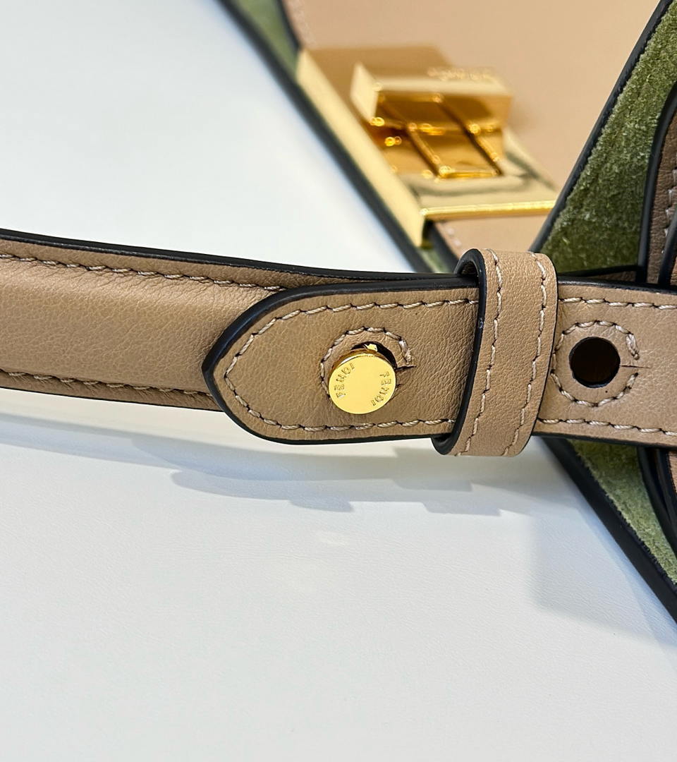 Fendi 8BN369 Fendi Way Large Cappuccino and  forest leather Green suede bag