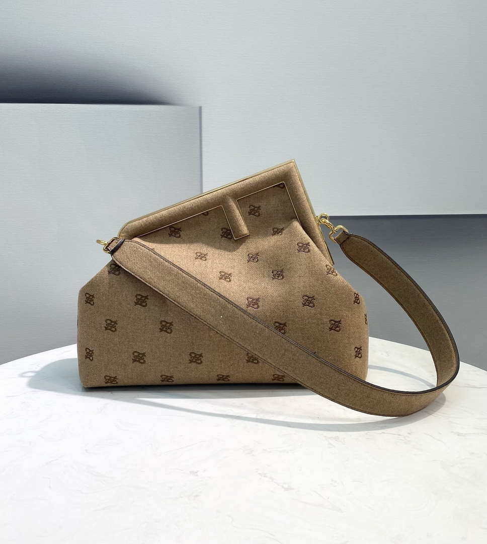 Fendi 8BP127 Fendi First Medium Beige flannel bag with embroidery - Default Title - View 1