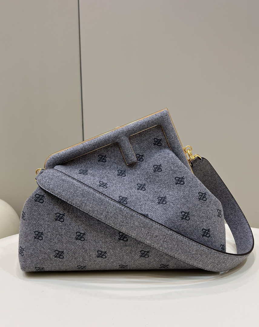Fendi 8BP127 Fendi First Medium Gray flannel bag with embroidery