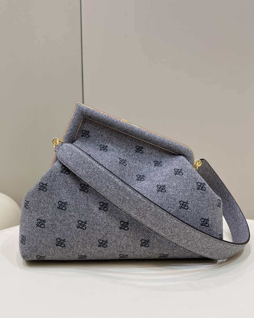 Fendi 8BP127 Fendi First Medium Gray flannel bag with embroidery - Default Title - View 2
