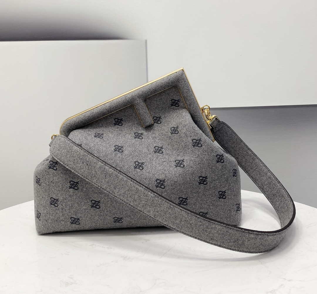 Fendi 8BP127 Fendi First Medium Light Gray flannel bag with embroidery - Default Title - View 1