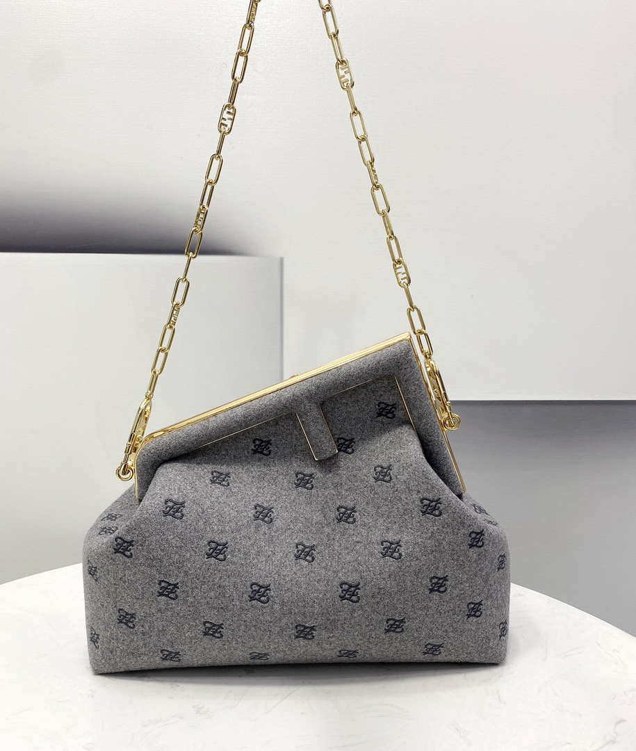 Fendi 8BP127 Fendi First Medium Light Gray flannel bag with embroidery
