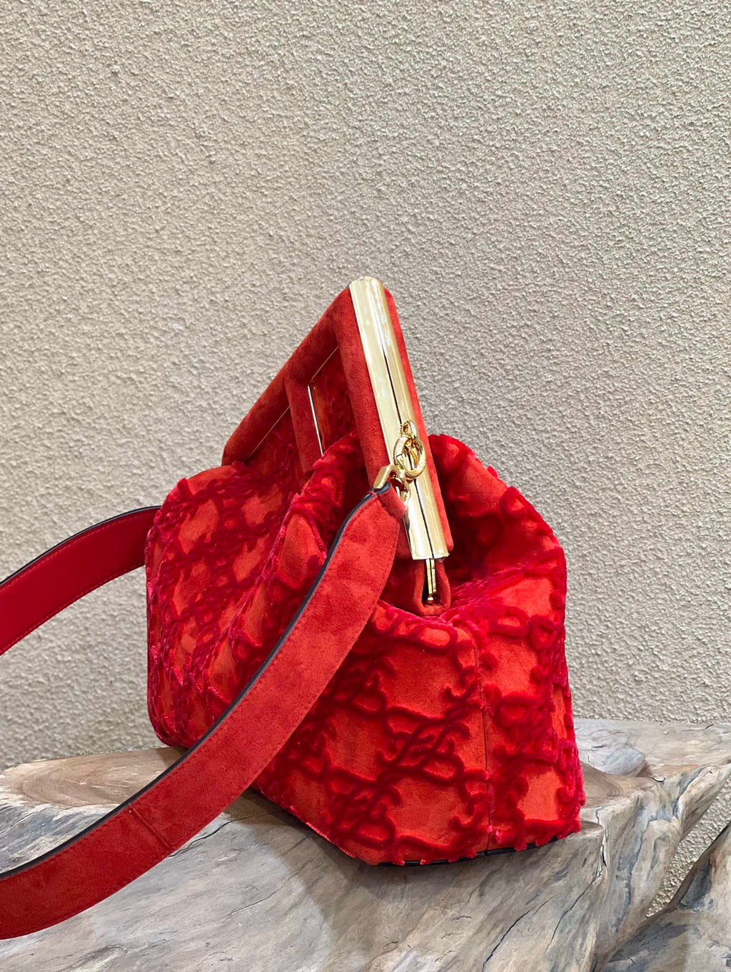 Fendi 8BP127 Fendi First Medium Red suede bag
