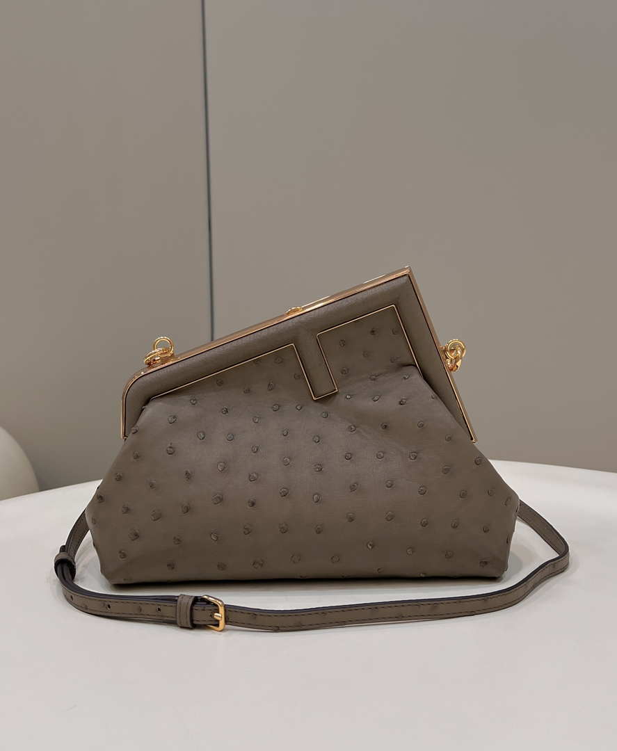Fendi 8BP129 FENDI FIRST Small Light Brown Ostrich leather bag - Default Title - View 1