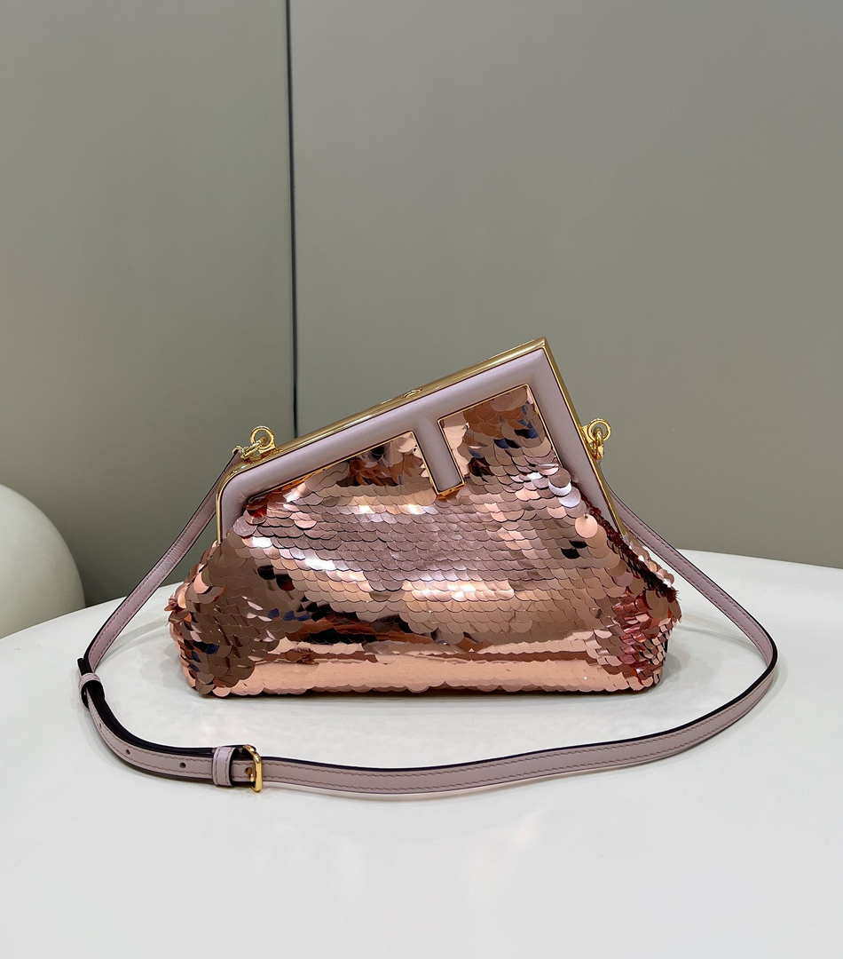 Fendi 8BP129 Fendi First Small Rose Red Gold-colored leather and sequinned bag 80066 - Default Title - View 1