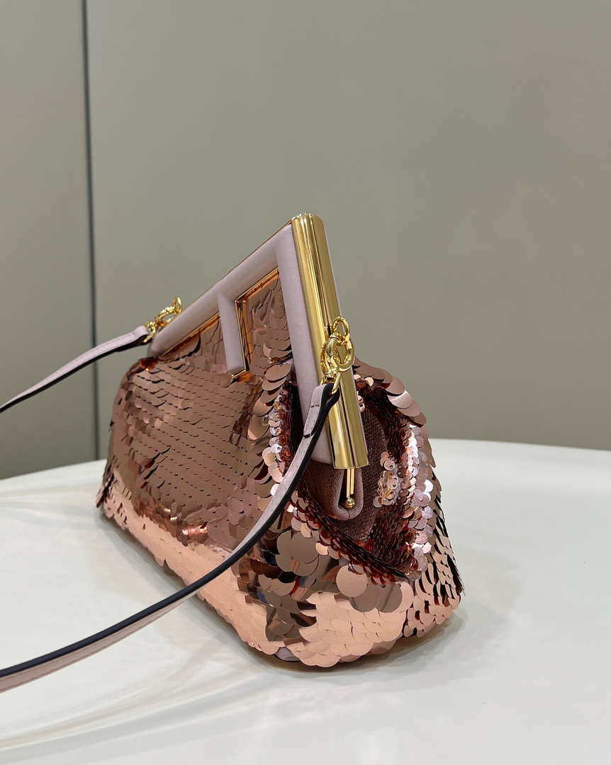 Fendi 8BP129 Fendi First Small Rose Red Gold-colored leather and sequinned bag 80066