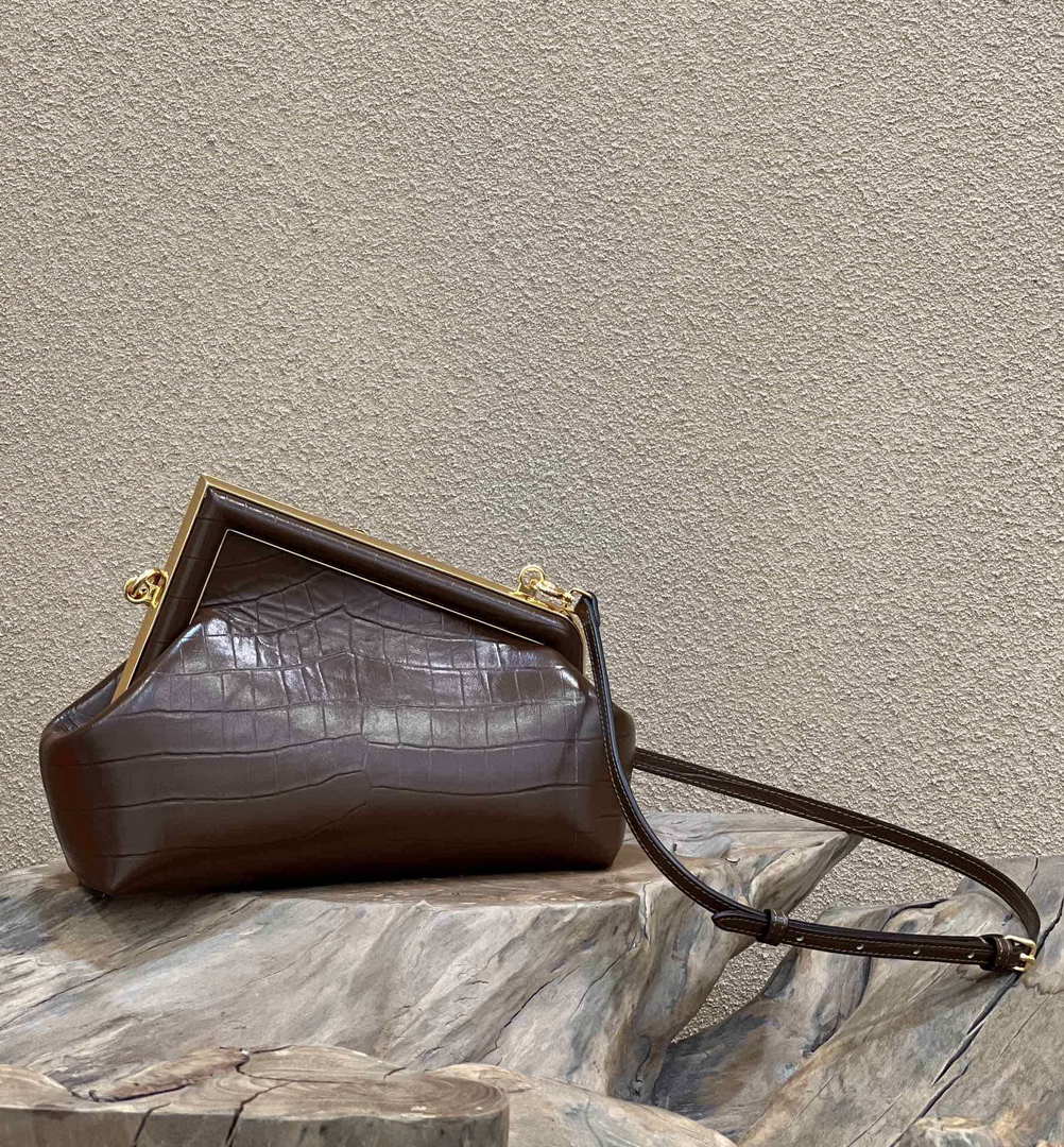 Fendi 8BP129 First Small Crocodile leather bag Dark Brown 80018M