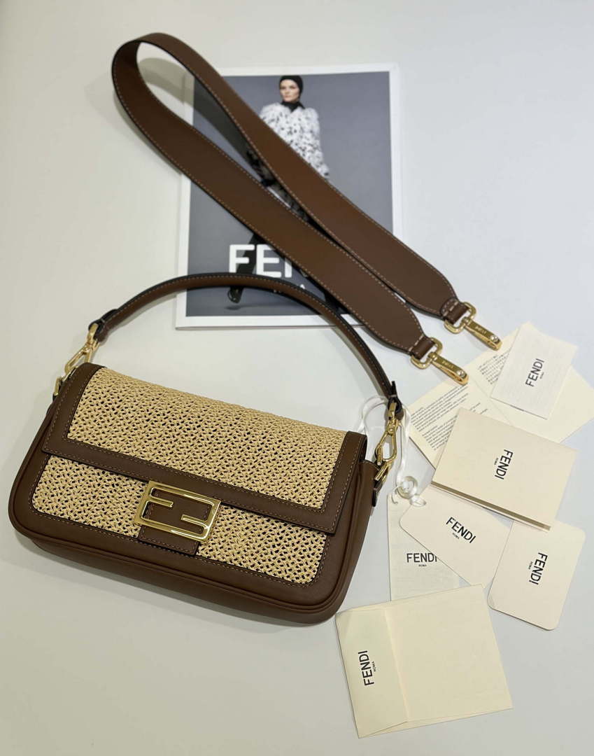 Fendi 8BR600 Baguette Brown and Natural raffia bag 8666L - Default Title - View 1