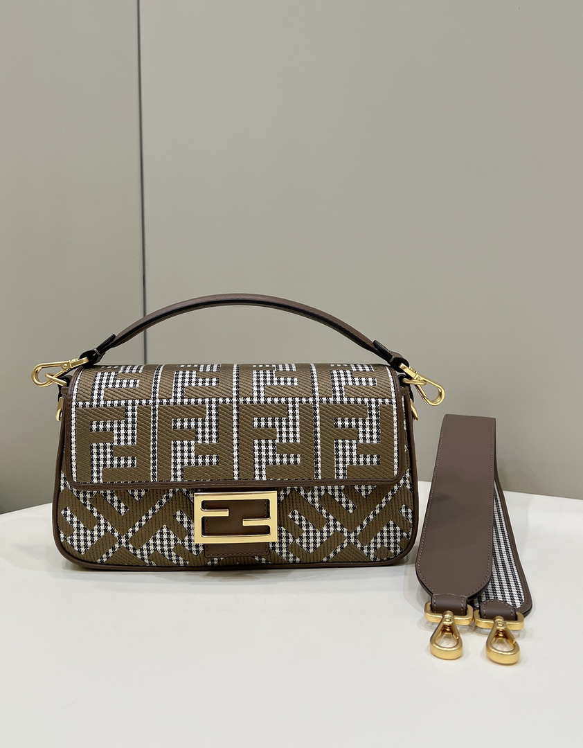 Fendi 8BR600 Baguette Brown houndstooth wool bag with FF embroidery - Default Title - View 1