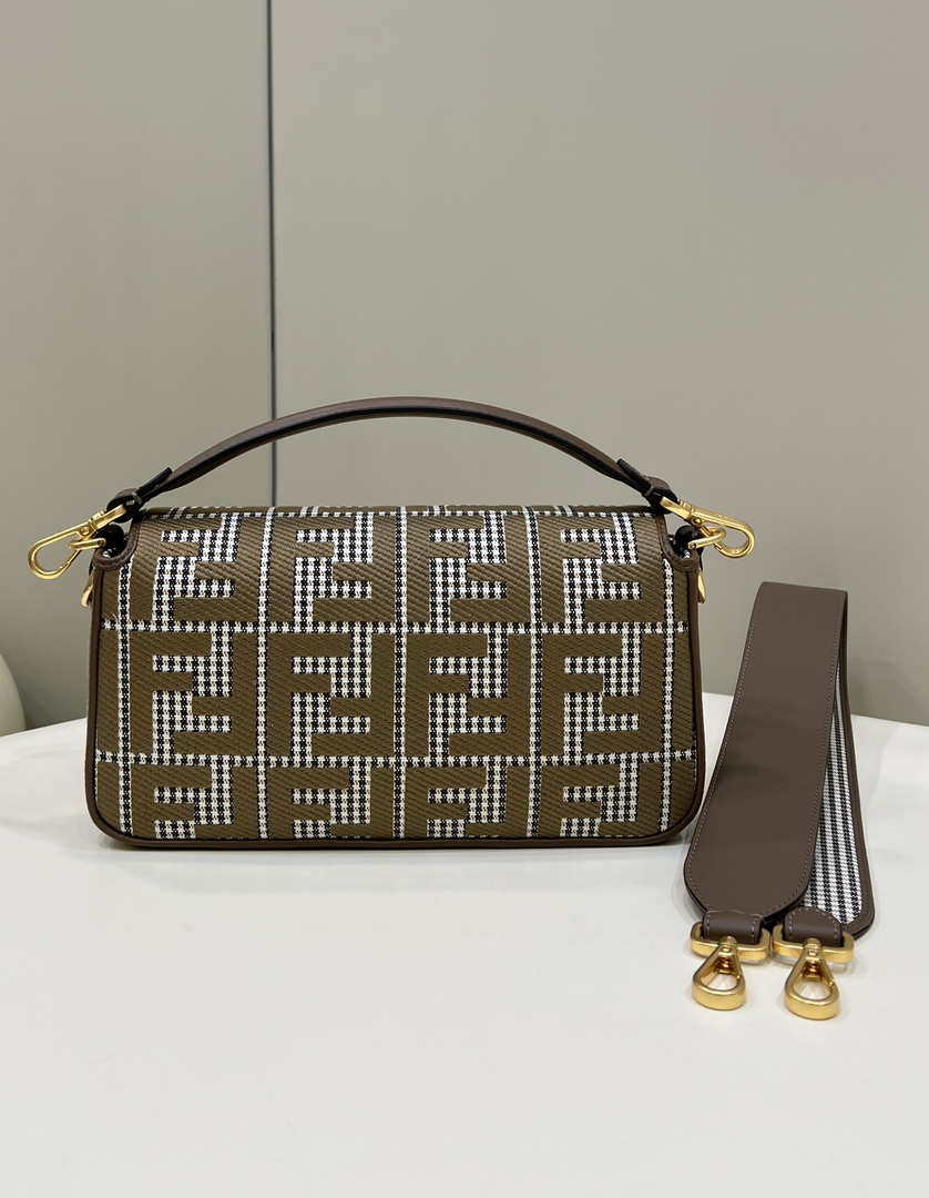 Fendi 8BR600 Baguette Brown houndstooth wool bag with FF embroidery - Default Title - View 2