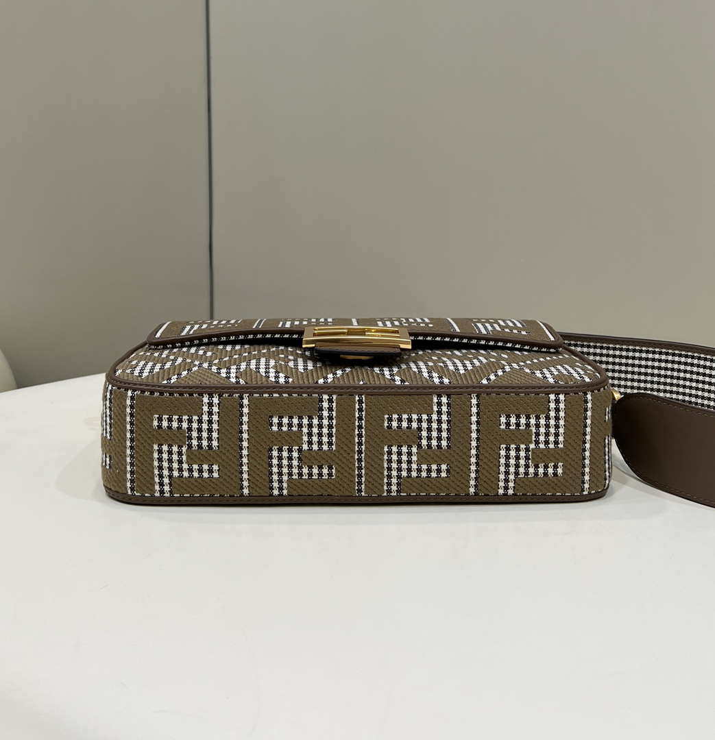 Fendi 8BR600 Baguette Brown houndstooth wool bag with FF embroidery