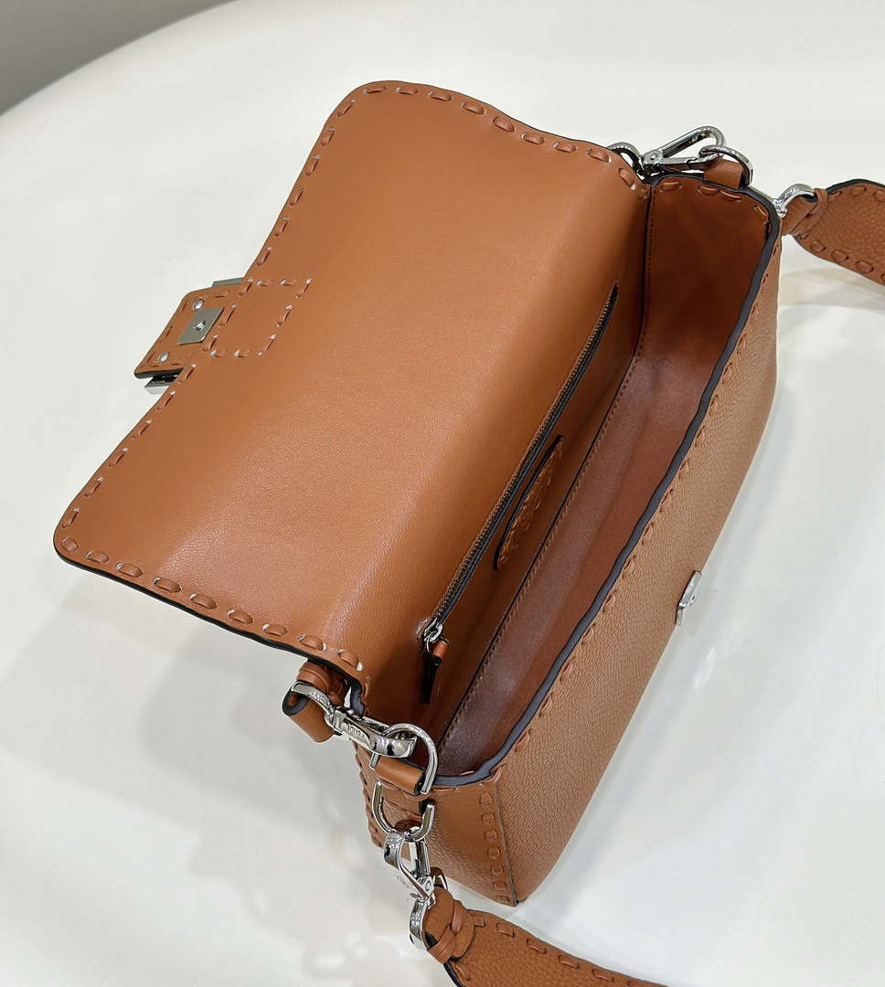 Fendi 8BR600 Baguette Brown Selleria bag with Oversized Topstitching 8610