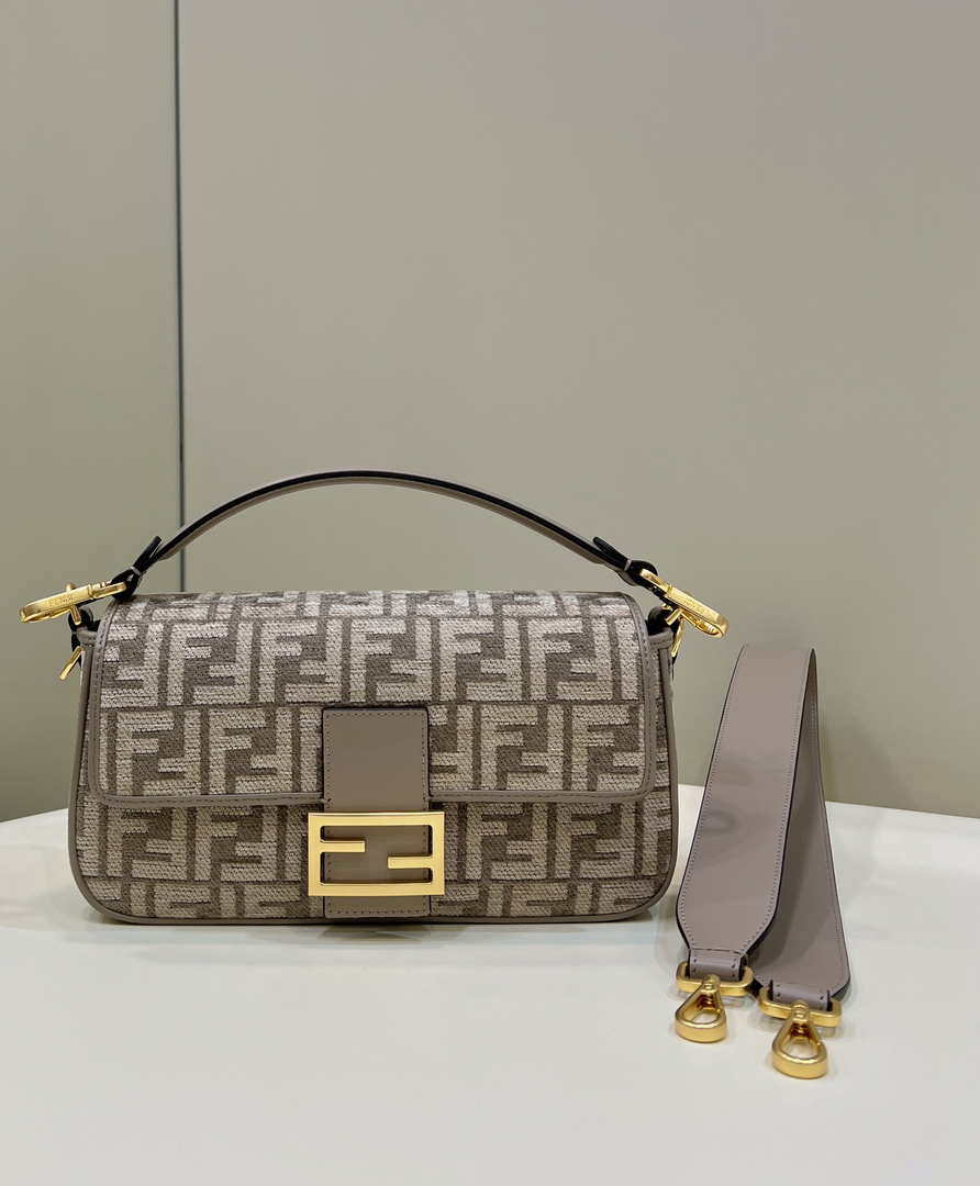 Fendi 8BR600 Baguette Chain Midi Dove gray FF tapestry fabric bag 8579 - Default Title - View 1