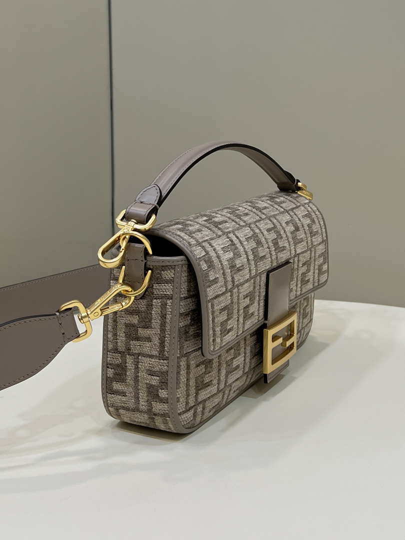 Fendi 8BR600 Baguette Chain Midi Dove gray FF tapestry fabric bag 8579