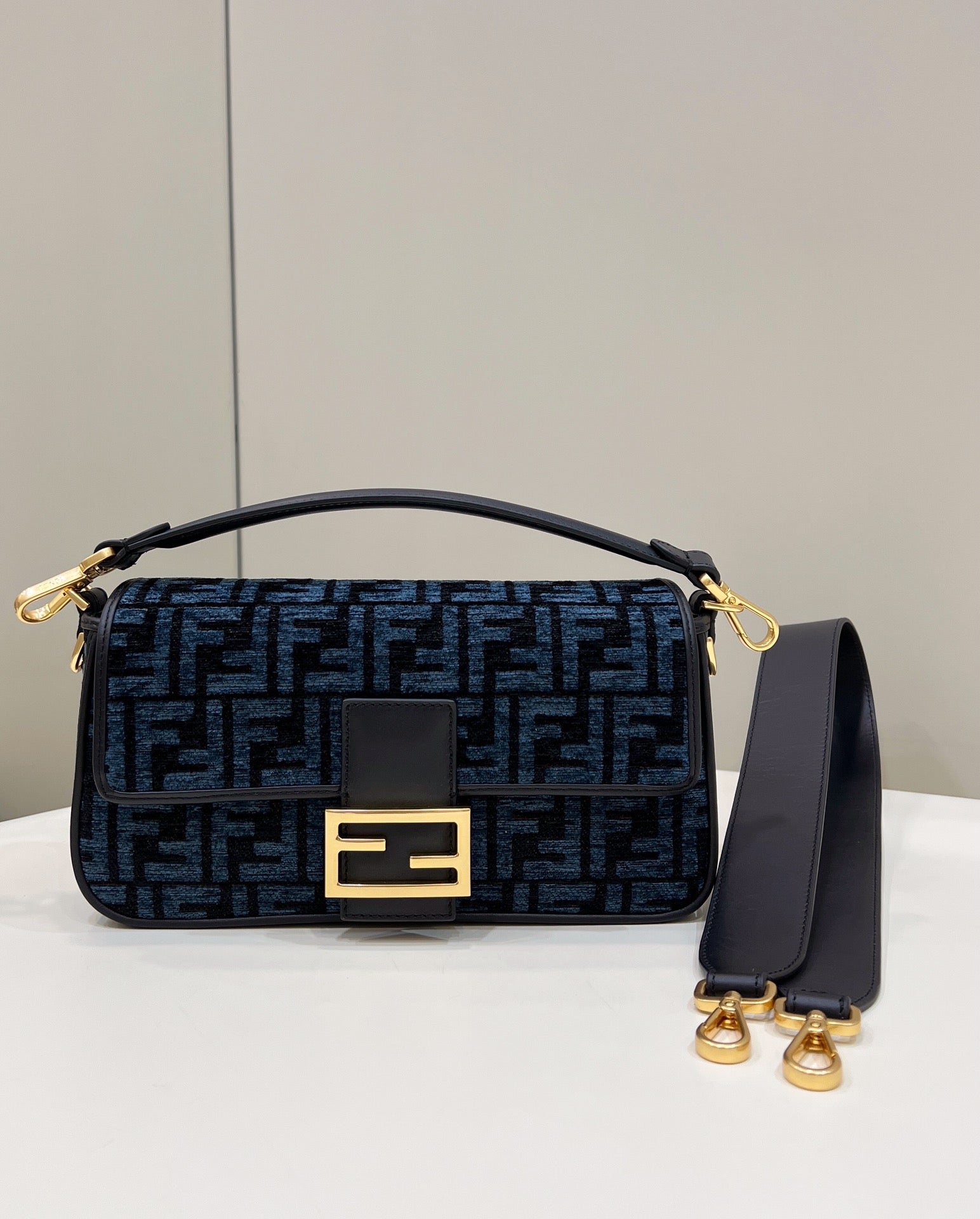 Fendi 8BR600 Baguette Chain Midi Navy Blue FF tapestry fabric bag 8579 - Default Title - View 1