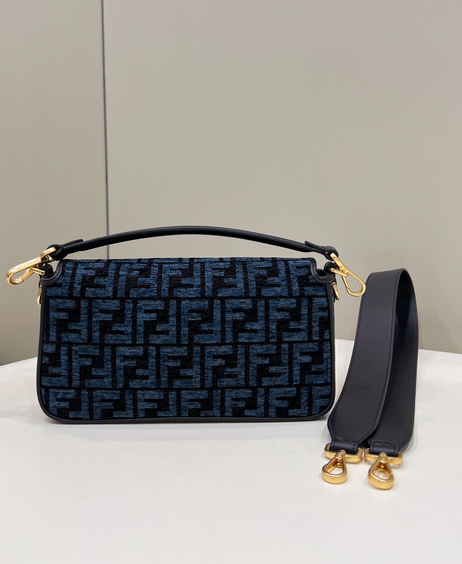 Fendi 8BR600 Baguette Chain Midi Navy Blue FF tapestry fabric bag 8579 - Default Title - View 2