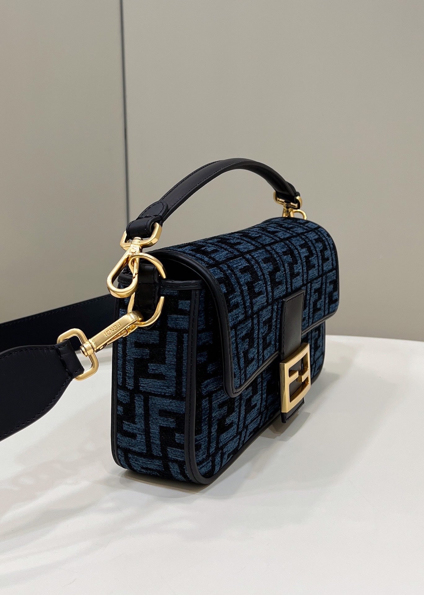 Fendi 8BR600 Baguette Chain Midi Navy Blue FF tapestry fabric bag 8579 - Default Title - View 3