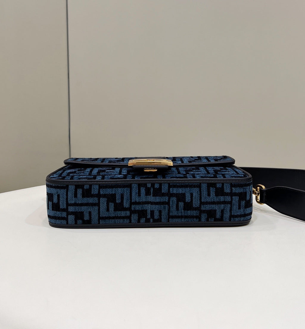 Fendi 8BR600 Baguette Chain Midi Navy Blue FF tapestry fabric bag 8579