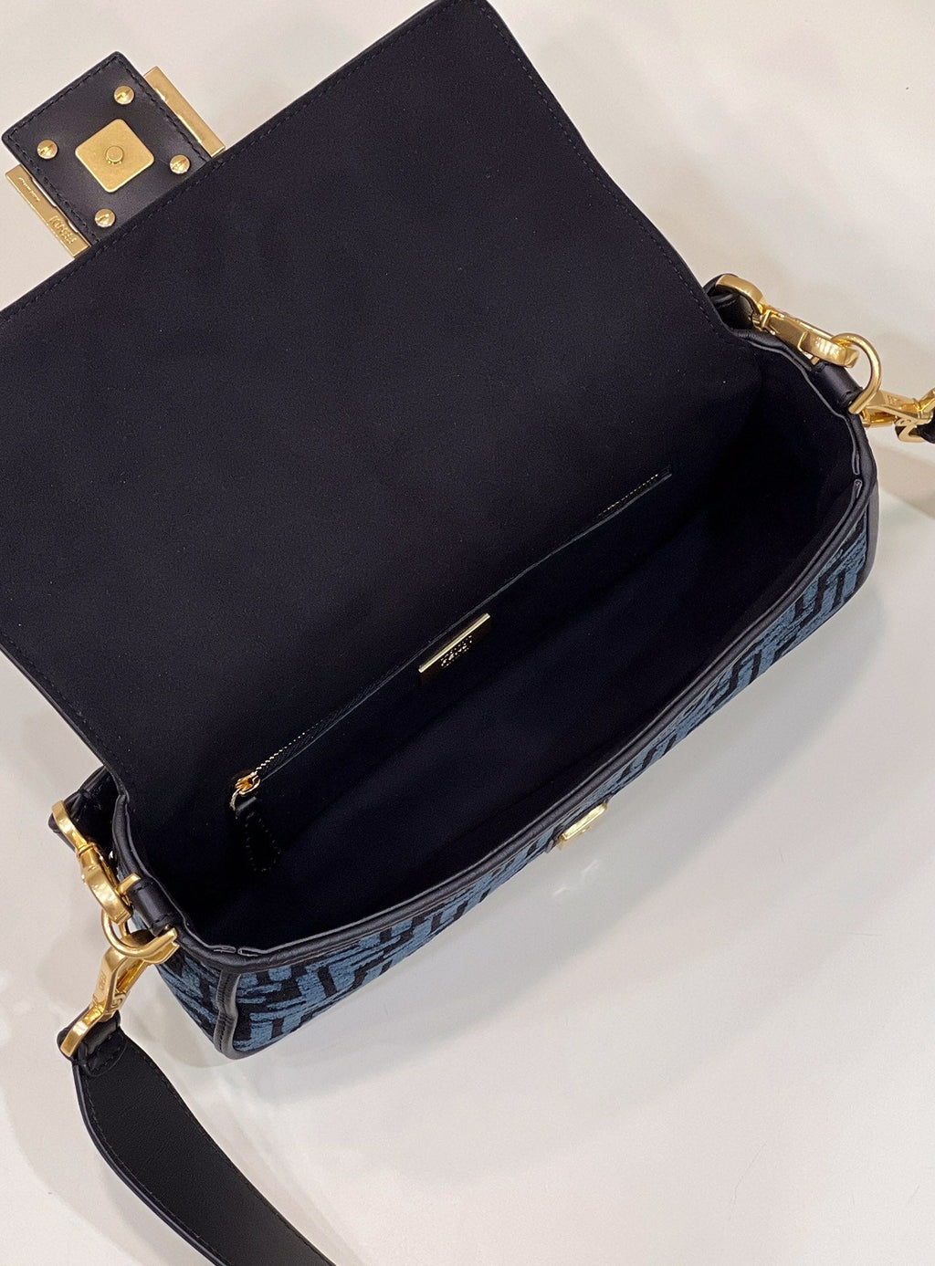 Fendi 8BR600 Baguette Chain Midi Navy Blue FF tapestry fabric bag 8579