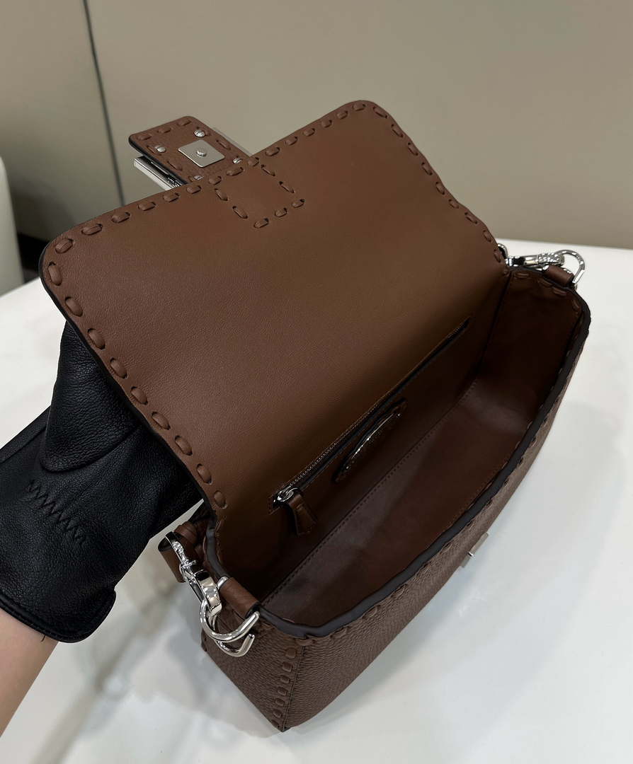 Fendi 8BR600 Baguette Dark Brown Selleria bag with Oversized Topstitching 8610