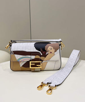 Fendi 8BR600 Baguette FF White Glazed Fabric Bag With Inlay - Default Title - View 1