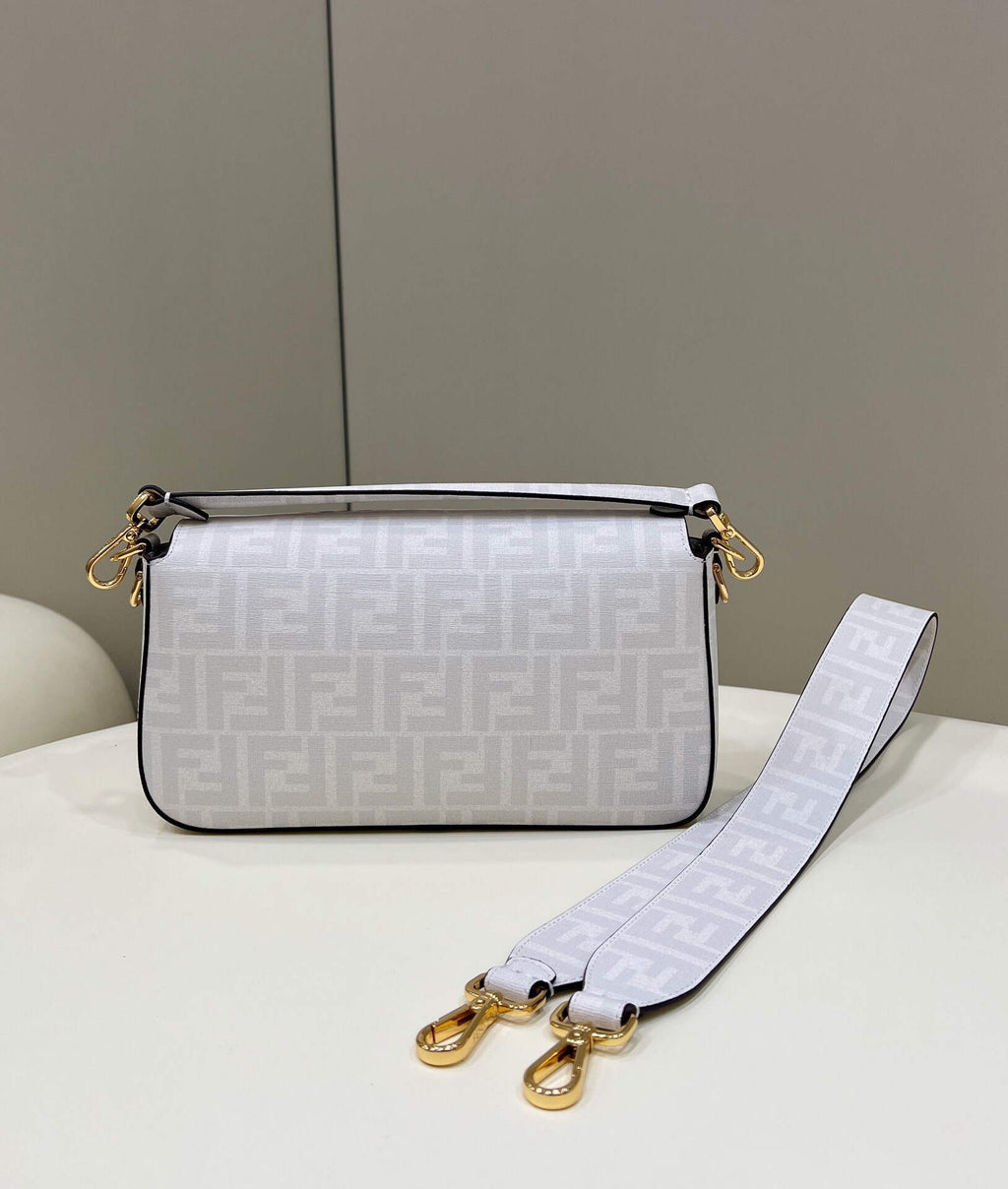 Fendi 8BR600 Baguette FF White Glazed Fabric Bag With Inlay