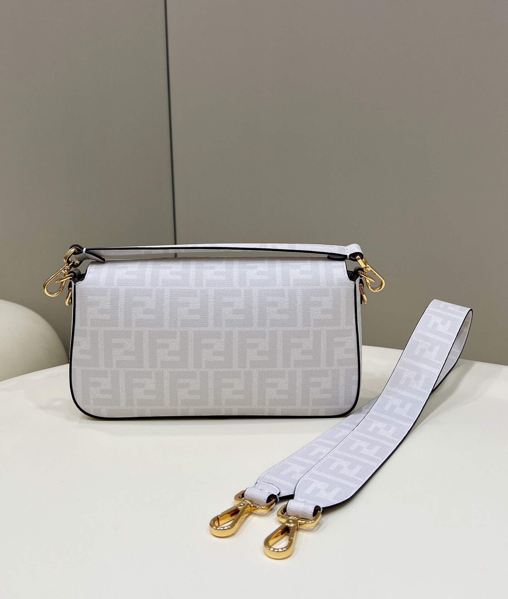 Fendi 8BR600 Baguette FF White Glazed Fabric Bag With Inlay - Default Title - View 2