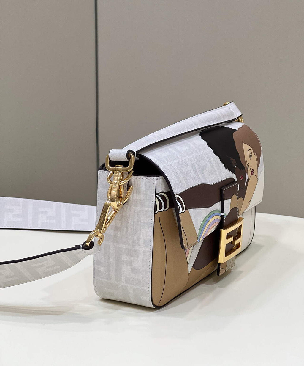 Fendi 8BR600 Baguette FF White Glazed Fabric Bag With Inlay