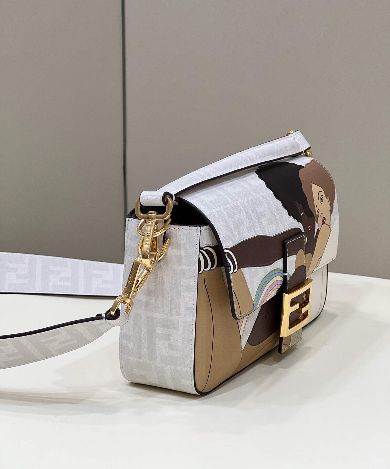 Fendi 8BR600 Baguette FF White Glazed Fabric Bag With Inlay