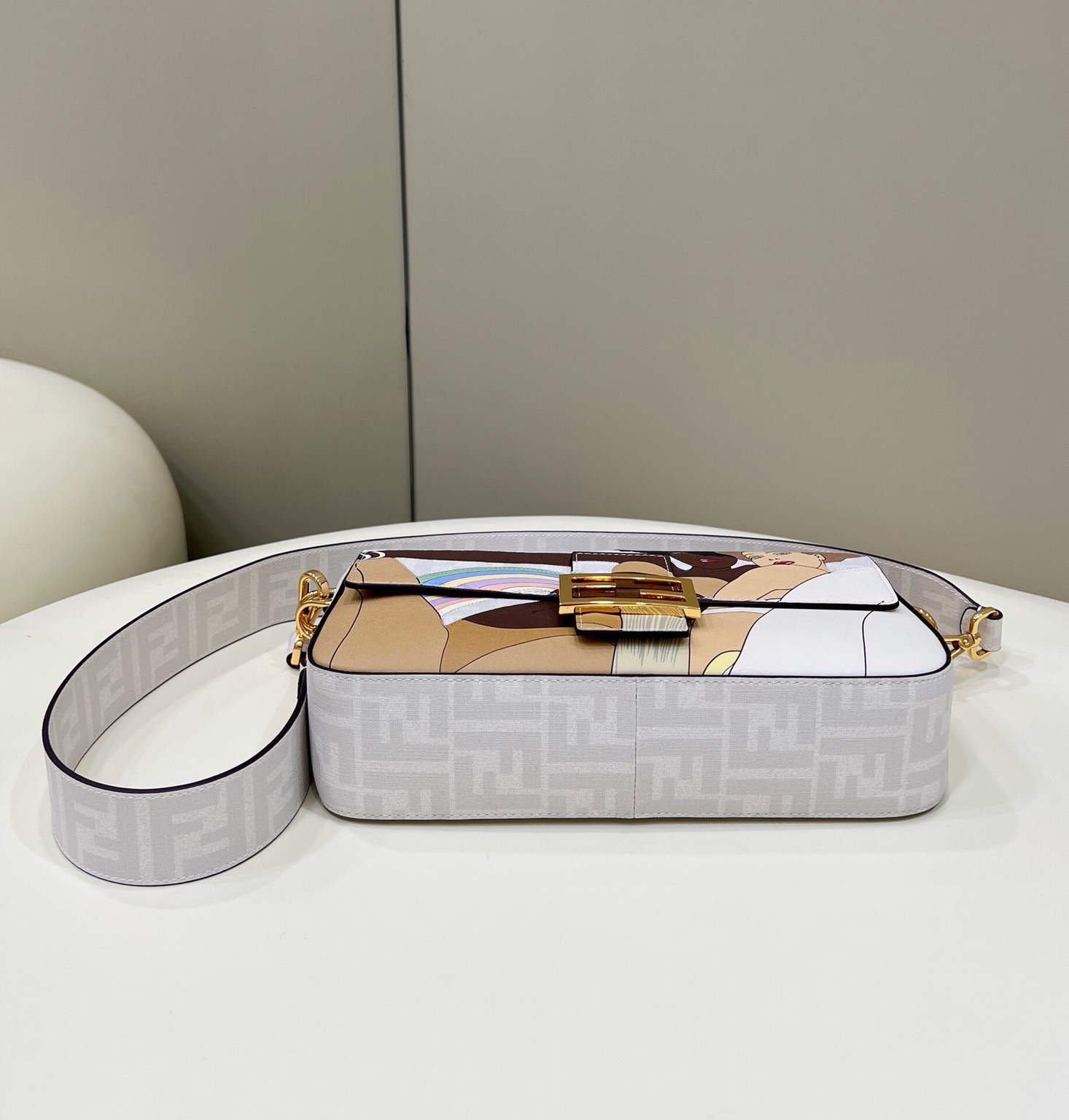 Fendi 8BR600 Baguette FF White Glazed Fabric Bag With Inlay - Default Title - View 4