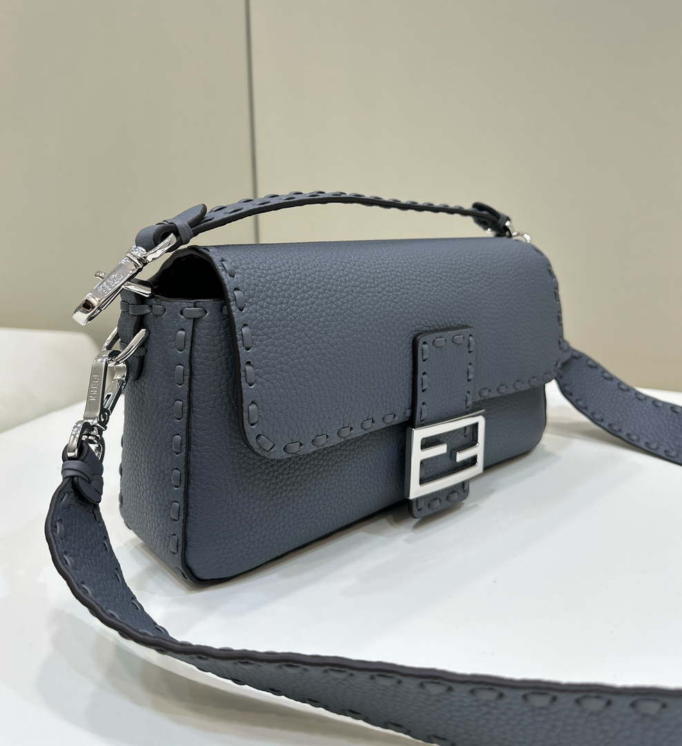 Fendi 8BR600 Baguette Grey blue Selleria bag with Oversized Topstitching 8610
