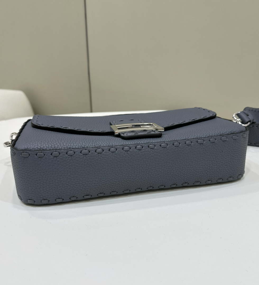 Fendi 8BR600 Baguette Grey blue Selleria bag with Oversized Topstitching 8610