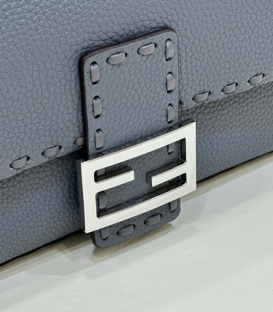 Fendi 8BR600 Baguette Grey blue Selleria bag with Oversized Topstitching 8610