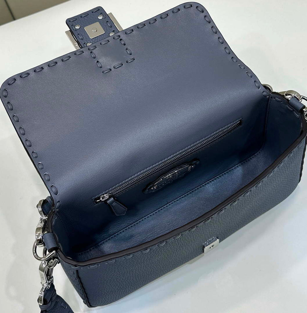 Fendi 8BR600 Baguette Grey blue Selleria bag with Oversized Topstitching 8610