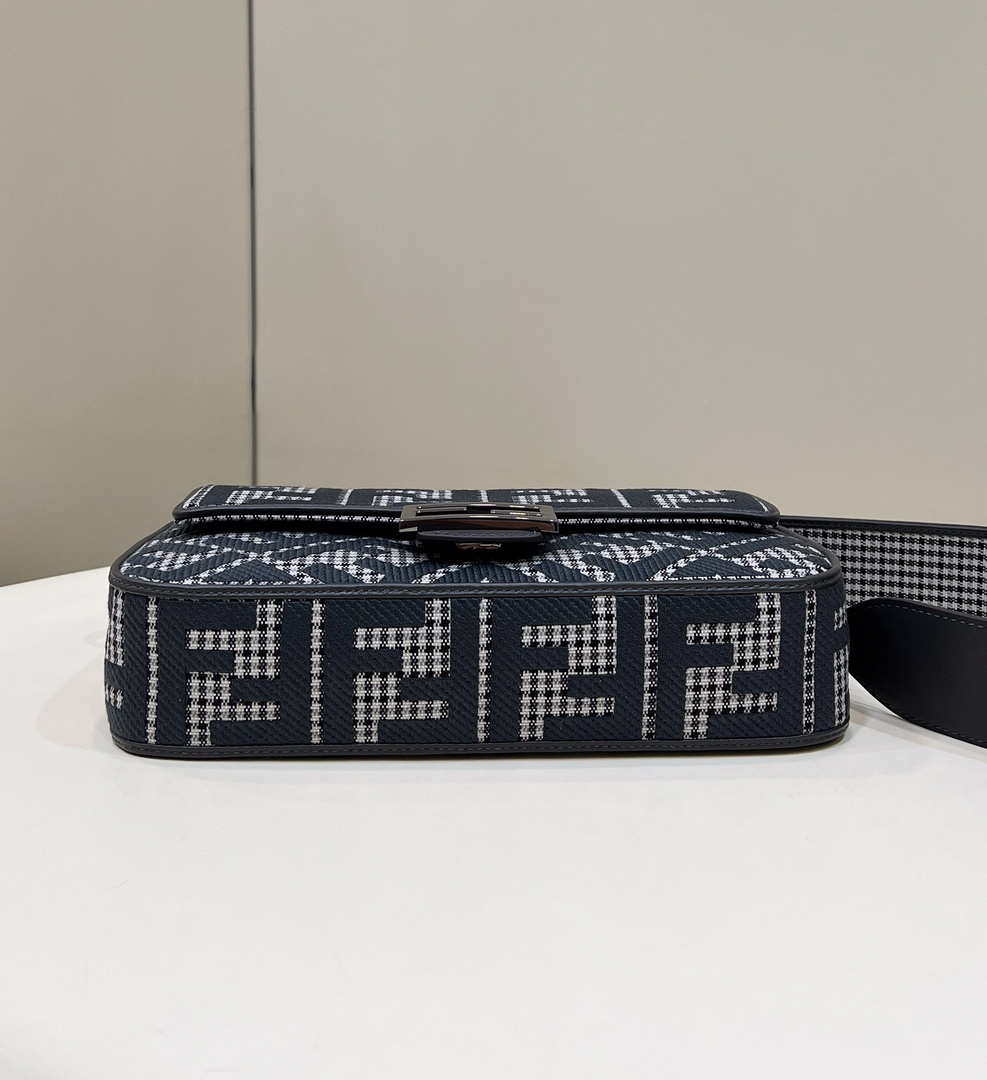 Fendi 8BR600 Baguette Gray houndstooth wool bag with FF embroidery