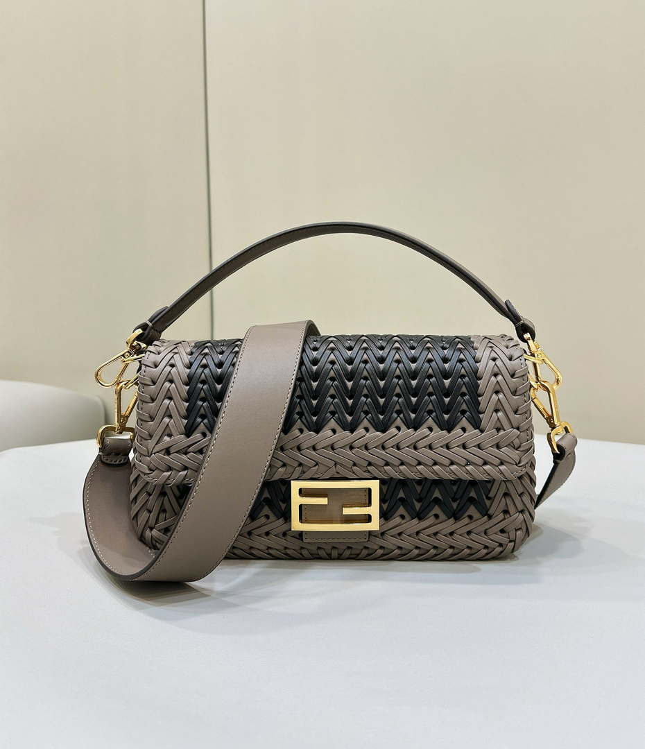 Fendi 8BR600 Baguette Gray and Black interlaced leather and raffia bag 8630 - Default Title - View 1