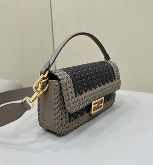 Fendi 8BR600 Baguette Gray and Black interlaced leather and raffia bag 8630 - Default Title - View 3