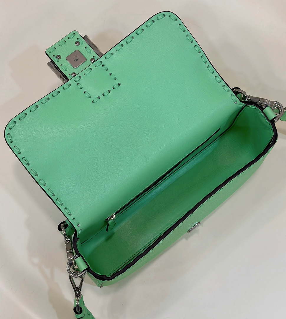 Fendi 8BR600 Baguette Green Selleria bag with Oversized Topstitching 8610